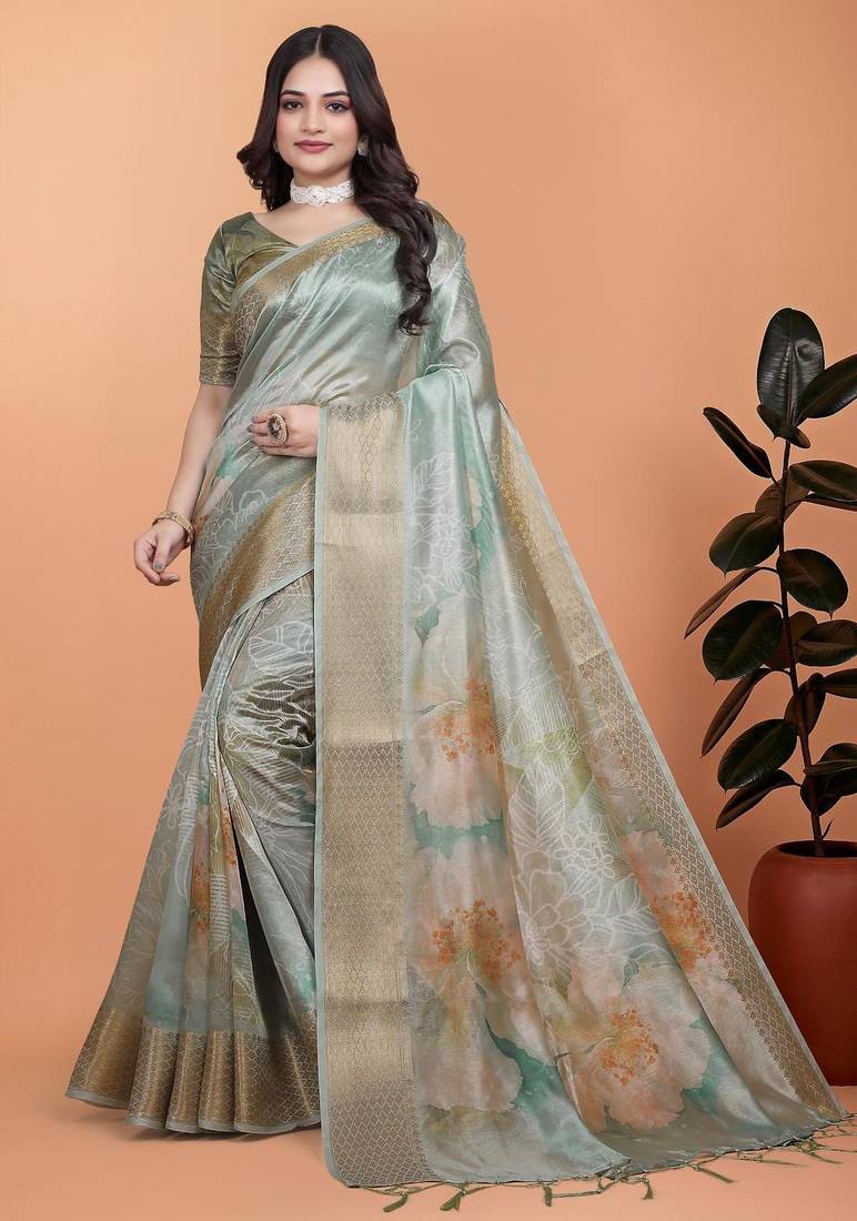 Sky blue printed art silk designer pallu saree