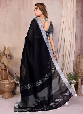 Black linen cotton silver zari border saree with un-stitched blouse 4