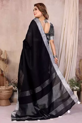Black color linen cotton silver zari border saree with un-stitched blouse