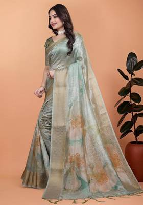 Sky blue printed art silk designer pallu saree 2