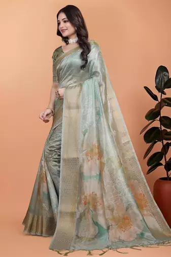 Sky blue printed art silk designer pallu saree