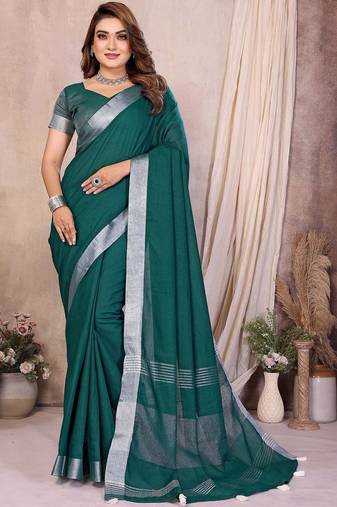 Green color linen cotton silver zari border saree with un-stitched blouse