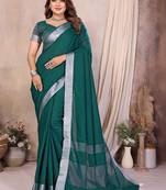 Green color linen cotton silver zari border saree with un-stitched blouse