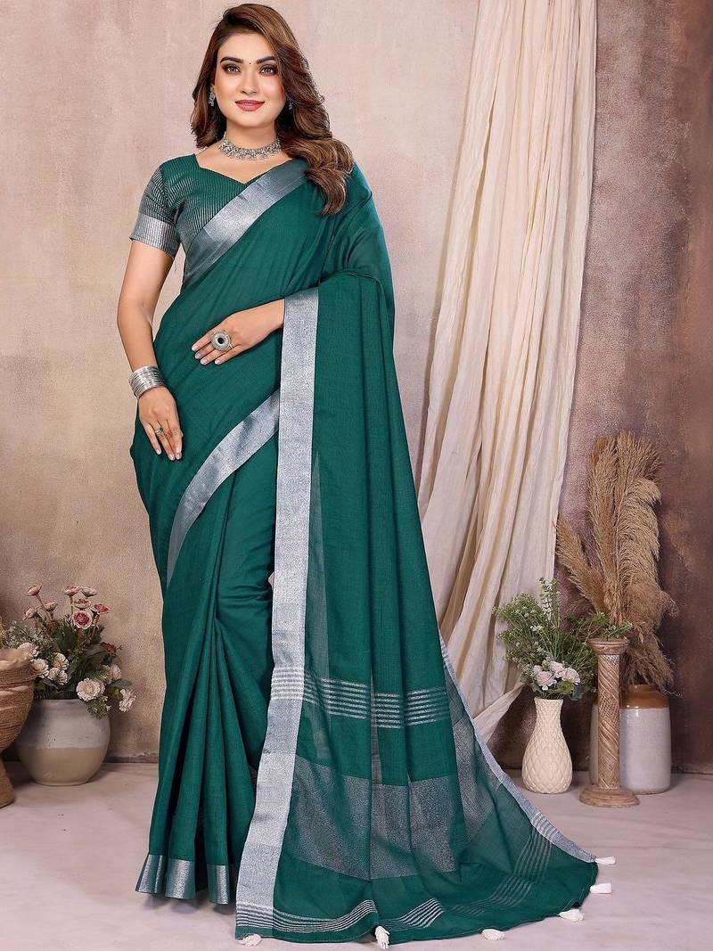 Green color linen cotton silver zari border saree with un-stitched blouse