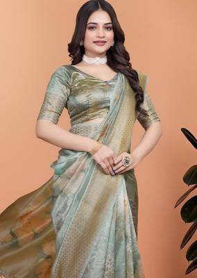 Sky blue printed art silk designer pallu saree 4
