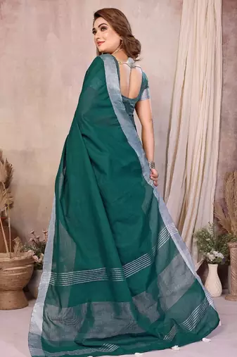 Green color linen cotton silver zari border saree with un-stitched blouse