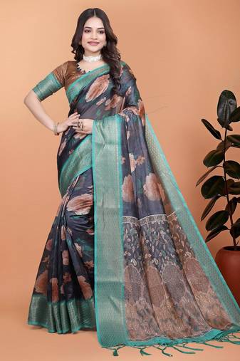 Black printed art silk designer pallu saree