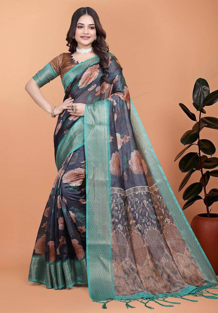 Black printed art silk designer pallu saree
