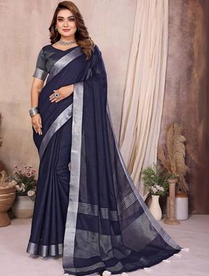 Navy blue color linen cotton silver zari border saree with un-stitched blouse 1