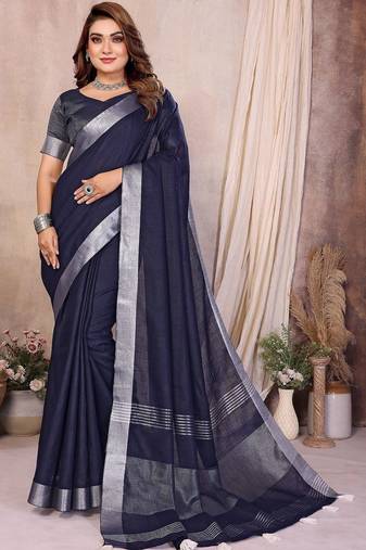 Navy blue color linen cotton silver zari border saree with un-stitched blouse