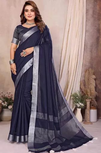 Navy blue color linen cotton silver zari border saree with un-stitched blouse