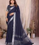 Navy blue color linen cotton silver zari border saree with un-stitched blouse