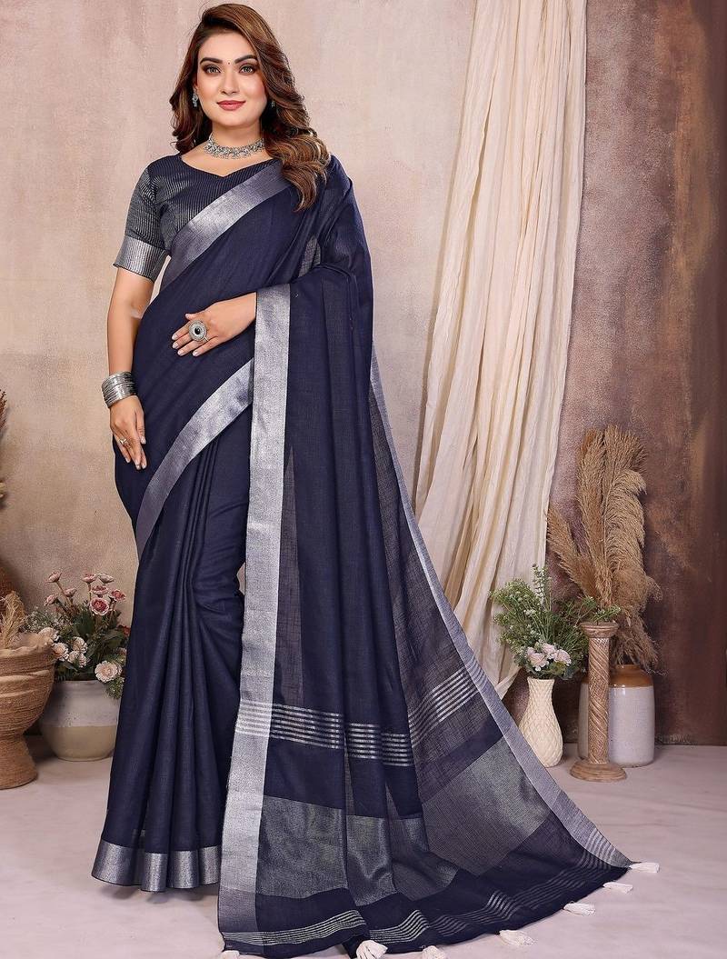 Navy blue color linen cotton silver zari border saree with un-stitched blouse
