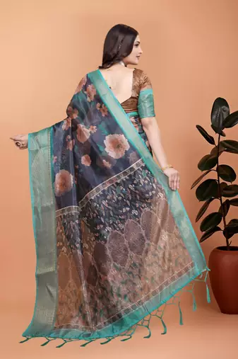 Black printed art silk designer pallu saree