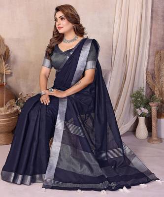 Navy blue color linen cotton silver zari border saree with un-stitched blouse 2