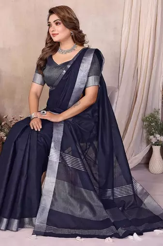Navy blue color linen cotton silver zari border saree with un-stitched blouse
