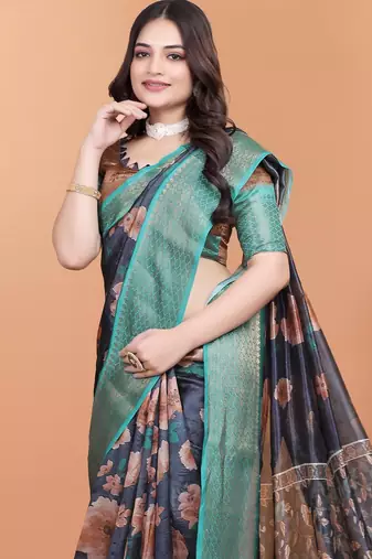 Black printed art silk designer pallu saree
