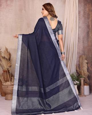 Navy blue color linen cotton silver zari border saree with un-stitched blouse 3