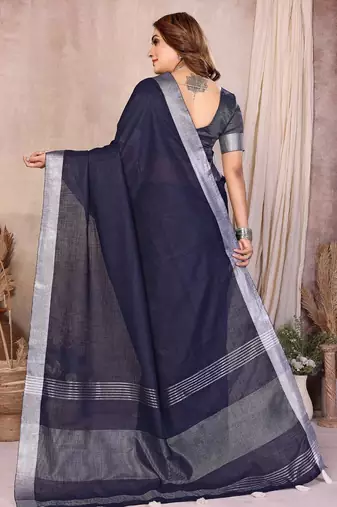 Navy blue color linen cotton silver zari border saree with un-stitched blouse