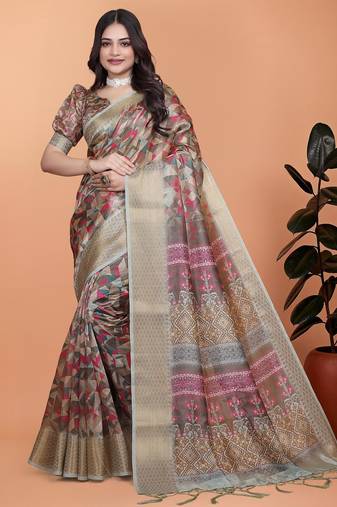 Brown printed art silk designer pallu saree