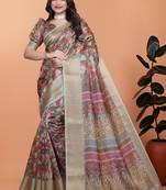 Brown printed art silk designer pallu saree
