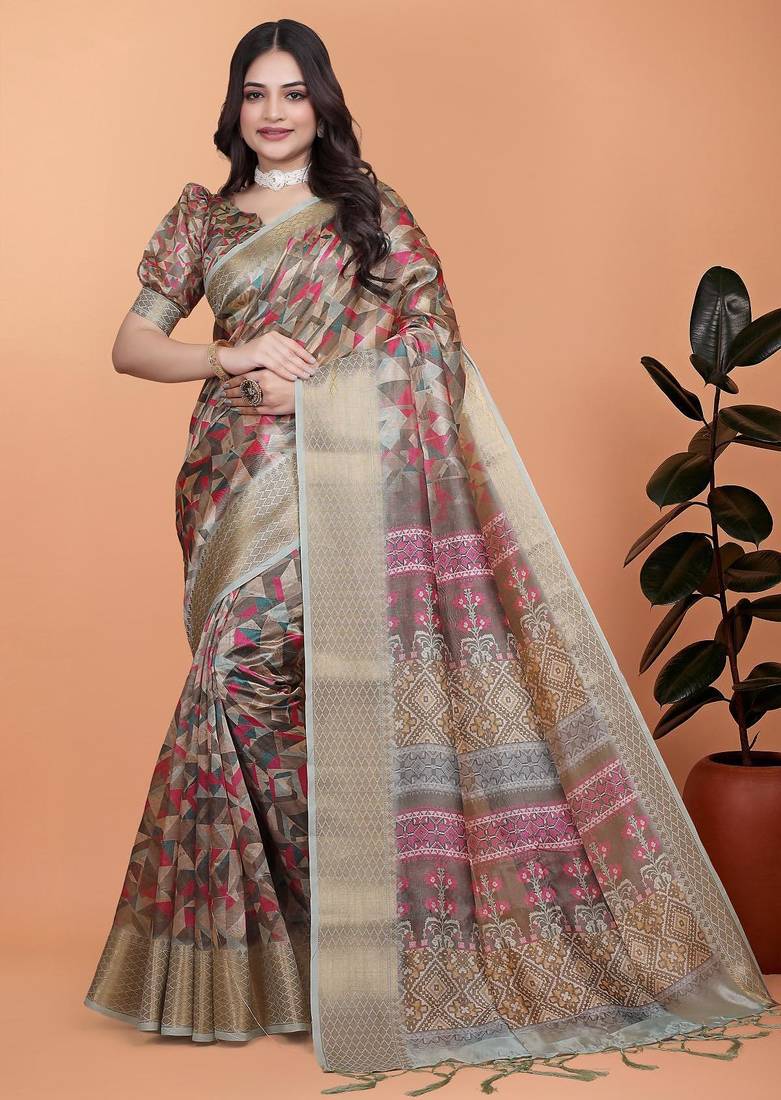 Brown printed art silk designer pallu saree