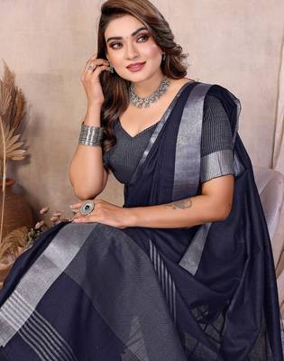 Navy blue color linen cotton silver zari border saree with un-stitched blouse 4