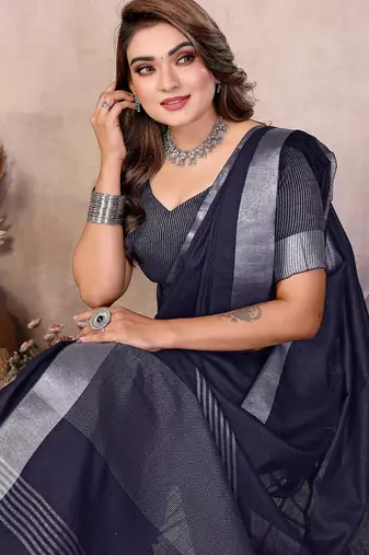 Navy blue color linen cotton silver zari border saree with un-stitched blouse