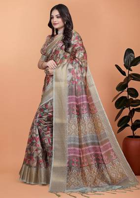 Brown printed art silk designer pallu saree 2