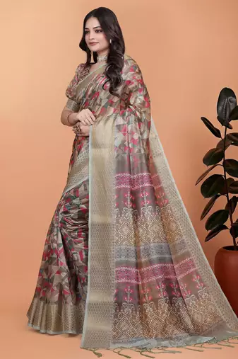 Brown printed art silk designer pallu saree