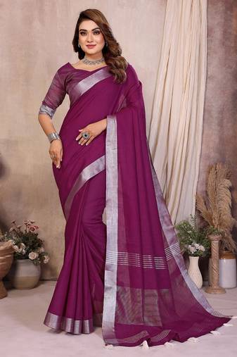 Purple color linen cotton silver zari border saree with un-stitched blouse