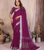 Purple color linen cotton silver zari border saree with un-stitched blouse