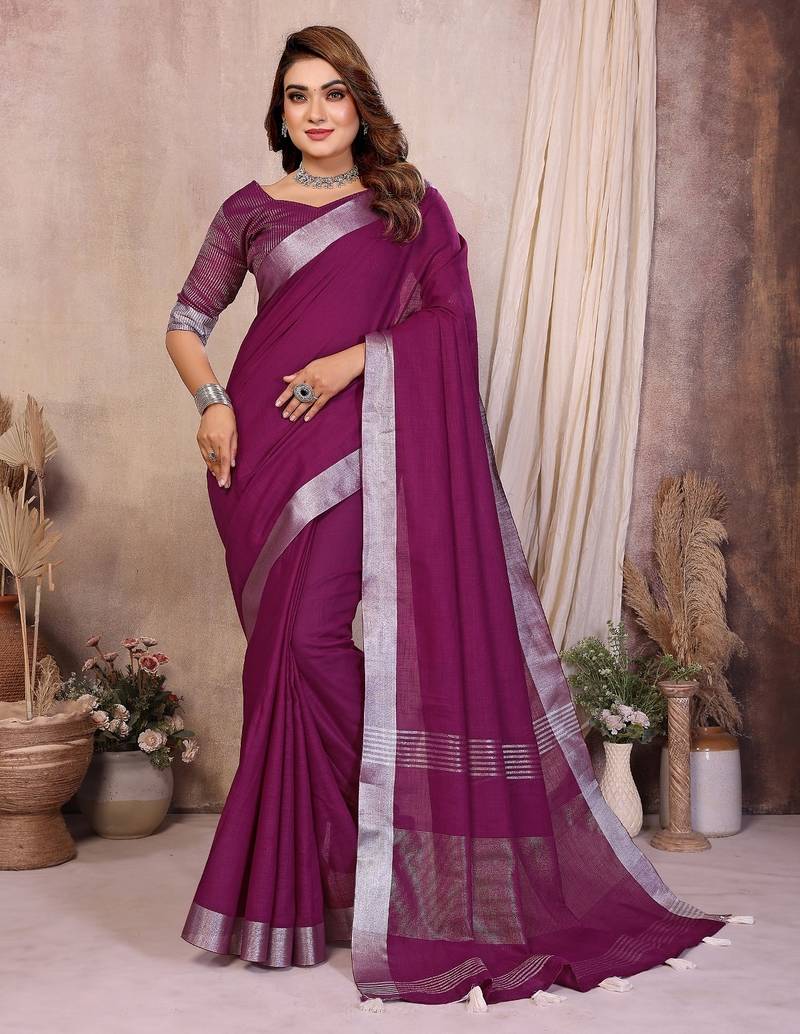 Purple color linen cotton silver zari border saree with un-stitched blouse