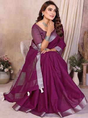 Purple color linen cotton silver zari border saree with un-stitched blouse 2