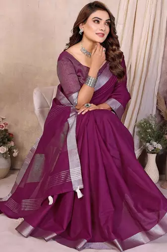 Purple color linen cotton silver zari border saree with un-stitched blouse