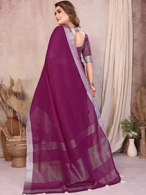 Purple color linen cotton silver zari border saree with un-stitched blouse 3