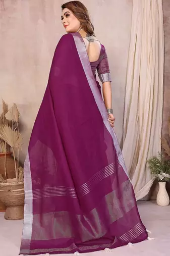 Purple color linen cotton silver zari border saree with un-stitched blouse