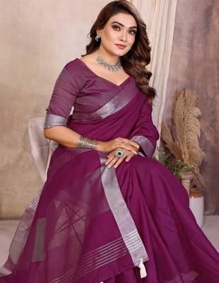 Purple color linen cotton silver zari border saree with un-stitched blouse 4