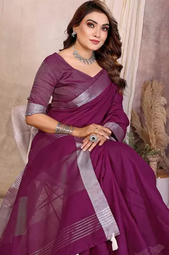 Purple color linen cotton silver zari border saree with un-stitched blouse