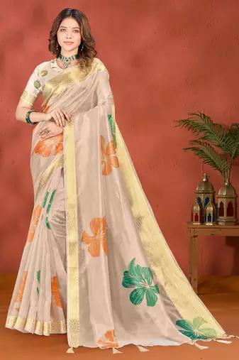 Golden printed art silk designer pallu saree