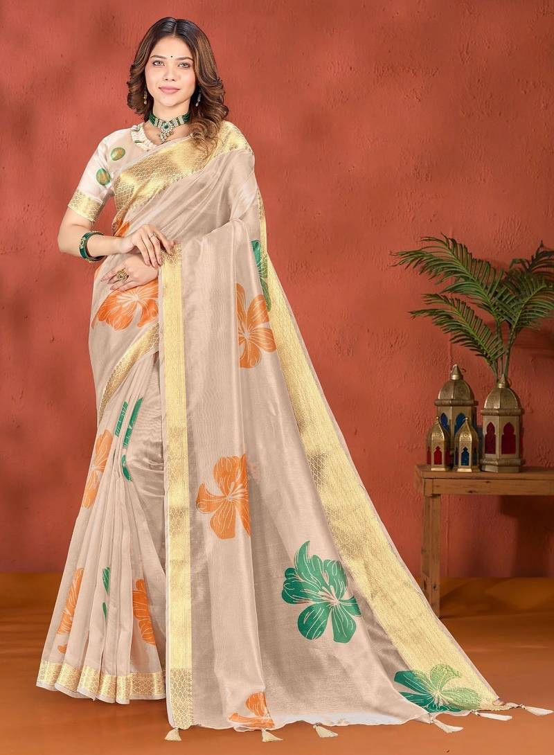 Golden printed art silk designer pallu saree