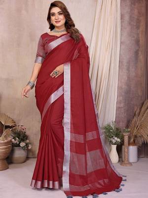 Red color linen cotton silver zari border saree with un-stitched blouse 1