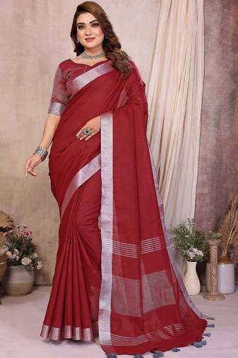 Red color linen cotton silver zari border saree with un-stitched blouse