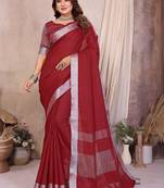 Red color linen cotton silver zari border saree with un-stitched blouse