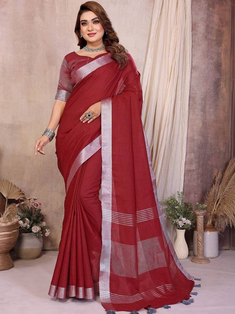 Red color linen cotton silver zari border saree with un-stitched blouse