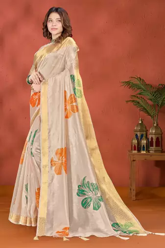 Golden printed art silk designer pallu saree