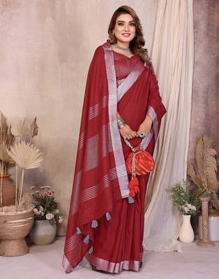 Red color linen cotton silver zari border saree with un-stitched blouse 2