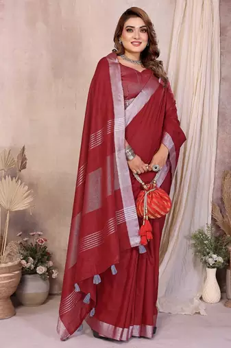 Red color linen cotton silver zari border saree with un-stitched blouse