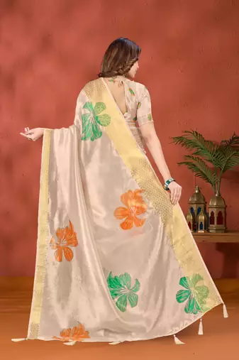 Golden printed art silk designer pallu saree