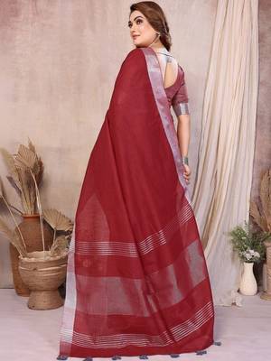 Red color linen cotton silver zari border saree with un-stitched blouse 3